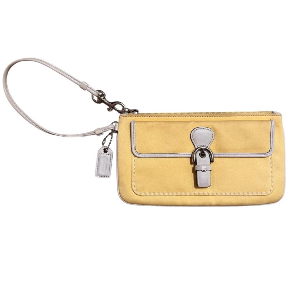 Coach Wristlet Wallet Yellow Fabric White Leather Trim Buckle Flap Pocket Clutch